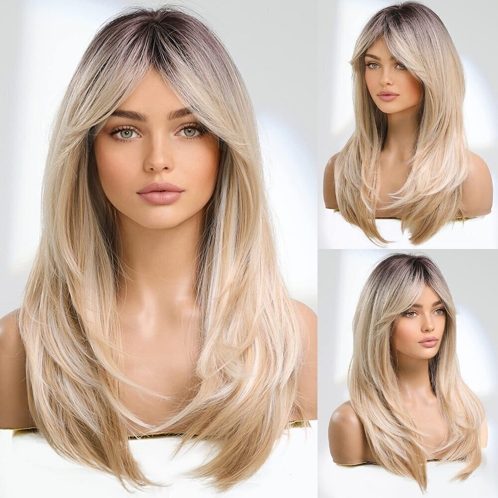 WIG - Layered Dirty Blonde Side Bangs Wig - Realistic Look - Picture 1 of 10